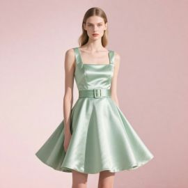 Mint Green Satin Square Neck Belted Flared Dress - Chic Summer Style
