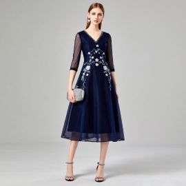 Elegant Navy Blue Midi Dress: Embroidered Floral, Sheer Sleeves, V-Neck Design