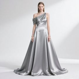 Elegant Silver One - Shoulder Satin Evening Gown with Draped Design