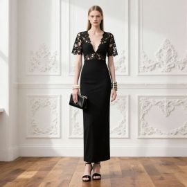 Elegant Black Lace Deep V-Neck Long Dress - Chic Evening Gown for Women