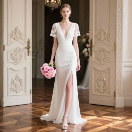 Stunning Deep V-Neck Lace Short Sleeve Chiffon Wedding Dress with High Slit