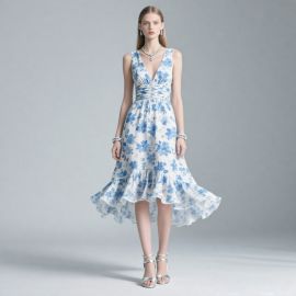 Elegant Blue & White Floral Sleeveless V-Neck Waist-Cinched Ruffled Midi Dress