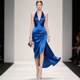 Elegant Royal Blue Satin Halter Neck High-Low Evening Dress