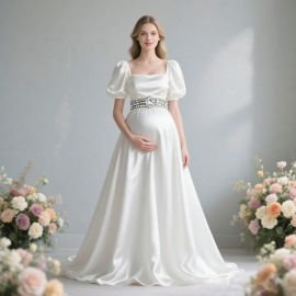 Maternity Wedding Dress: Elegant White Satin Gown with Puff Sleeves & Rhinestone Belt