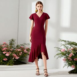Elegant Burgundy V-Neck Asymmetrical Hem Dress with Flutter Sleeves