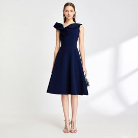 Navy Blue Sleeveless Midi Dress with Asymmetric Ruffle Collar - Elegant Formal Wear