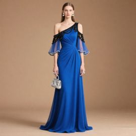 Royal Blue One - Shoulder Evening Dress with Beaded Embellishment & Sheer Sleeves