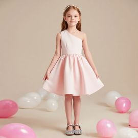 Girls One - Shoulder Pink Party Dress Kids Wedding Flower Girl Formal Gown