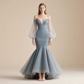 Elegant Off-Shoulder Mermaid Gown with Sheer Long Sleeves | Dusty Blue Evening Dress