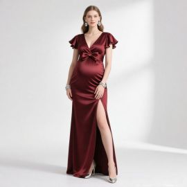 Burgundy Satin Maternity Evening Gown with Ruffle Sleeves, Bow & High Slit Design