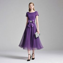 Chic Purple Midi Dress with Bowknot & Rhinestone - Elegant Formal Occasion Wear