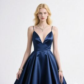 Elegant Navy Blue Satin Spaghetti Strap Deep V Neck Ball Gown Dress