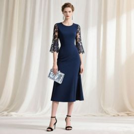 Elegant Navy Blue Midi Dress with Lace Sleeves - Formal Occasion Wear
