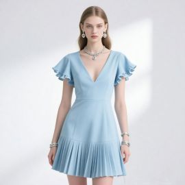 Light Blue V-Neck Dress with Ruffled Sleeves & Pleated Skirt - Elegant Summer Fashion