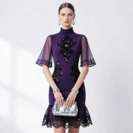 Elegant Purple High-Neck Qipao Dress: Lace & Sequin Embellished, Sheer Bell Sleeves, Mermaid Hem