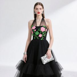 Elegant Black Halter Dress with 3D Floral Embroidery & Tiered Tulle Skirt