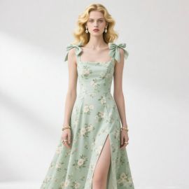 Mint Green Floral Print Bow Shoulder High Slit Maxi Dress