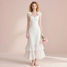 Elegant White Dress with Floral Shoulder Accents & Tiered Ruffle Hem - Wedding/Bridesmaid Style