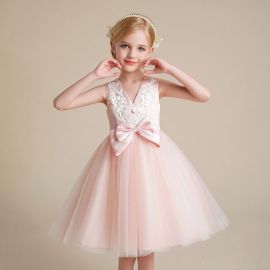 Pink Tulle Flower Girl Dress: Lace Applique V-Neck Bowknot Princess Gown for Kids Party/Wedding