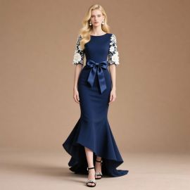 Elegant Navy Blue Mermaid Gown: Lace Floral Sleeves & Satin Bow for Formal Events