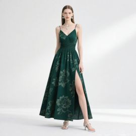 Elegant Dark Green Floral Print Spaghetti Strap Maxi Dress with High Slit