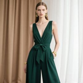 Elegant Deep V-Neck Jumpsuit with Bow Tie Waist - Emerald Green Women's Fashion