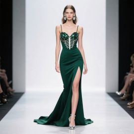 Emerald Green Sequined Mermaid Gown with High Slit - Spaghetti Strap Evening Dress