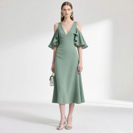 Sage Green Off-Shoulder Ruffled Sleeve V-Neck Midi Dress - Elegant Women's Fashion