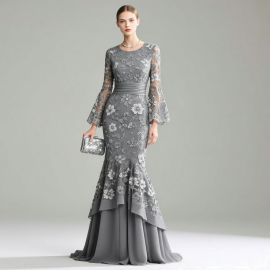 Gray Lace Floral Embroidered Long-Sleeve Mermaid Evening Gown for Formal Events