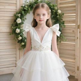 Charming Kids White Dress: Bow Shoulders & Embroidered Waist - Tulle Skirt for Weddings/Parties