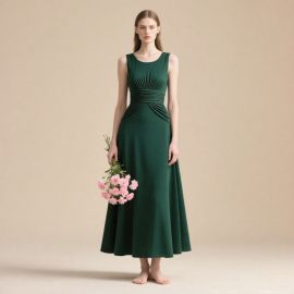 Elegant Dark Green Sleeveless Pleated Waist Midi Dress - Chic Formal Wear