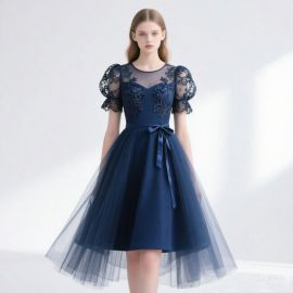 Navy Blue Lace Puff Sleeve Tulle Dress - Elegant A - Line Midi Gown for Women