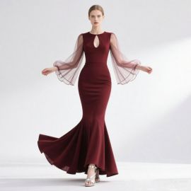 Burgundy Mermaid Gown: Sheer Bell Sleeves & Keyhole Neckline - Elegant Evening Dress
