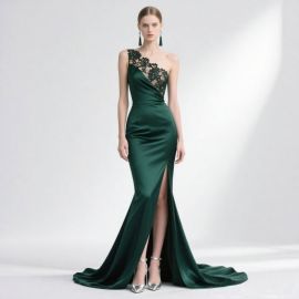 Emerald Green One-Shoulder Lace Slit Evening Gown - Elegant Formal Dress