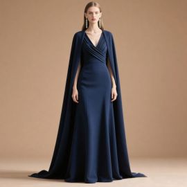 Elegant Navy Blue Cape Gown: Formal Evening Dress with Dramatic Silhouette