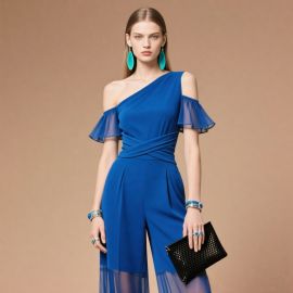 Royal Blue One - Shoulder Jumpsuit with Ruffled Sleeves & Cross - Waist Design