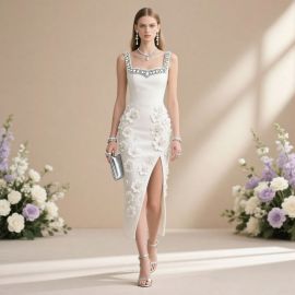 Elegant White Floral Embellished Midi Dress with Crystal Straps & High Slit