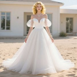 Elegant Off - Shoulder Tulle Wedding Dress with Puff Sleeves Ball Gown