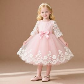 Charming Pink Lace Dress for Girls: Tulle Skirt with Big Bow, Perfect for Parties & Weddings