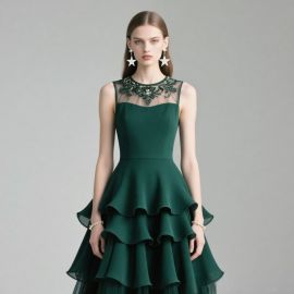 Emerald Green Sleeveless Dress: Embroidered Lace Neckline & Tiered Skirt Design