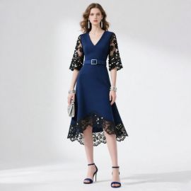 Navy Blue V-Neck Midi Dress with Lace Sequin Sleeves & Asymmetric Hem - Elegant Party Style