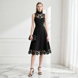Elegant Black Midi Dress: High Neck & Lace Hem for Formal Occasions