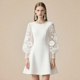 Elegant White A - Line Dress with Floral Lace Long Sleeves