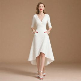 Elegant White V-Neck Asymmetrical Hem Midi Dress - Chic & Timeless Style