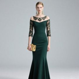 Emerald Green Off-Shoulder Lace Sleeves Mermaid Evening Gown - Elegant Formal Dress