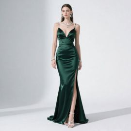 Elegant Deep Green Satin Spaghetti Strap Evening Gown with High Slit