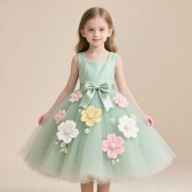 Mint Green Kids Dress with Floral Appliques & Bow - Summer Party Princess Gown