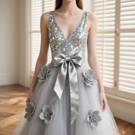 Elegant Silver Sequined Deep V-Neck Gown with Bowknot & Floral Embellishments