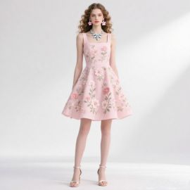 Pink Floral Embroidered Sleeveless A-Line Dress - Elegant Summer Style