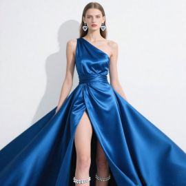 Elegant Royal Blue One - Shoulder Satin Gown with High Slit for Evening Events